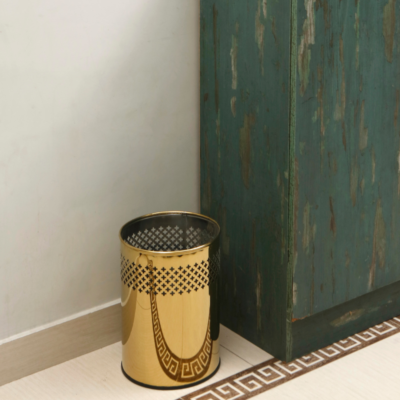 Oro Studio Bin: gold stainless steel wastebasket with mesh sides
