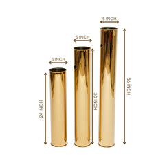 Oro Column Floor Vase Trio: set of three tall gold stainless steel floor vases, view 2