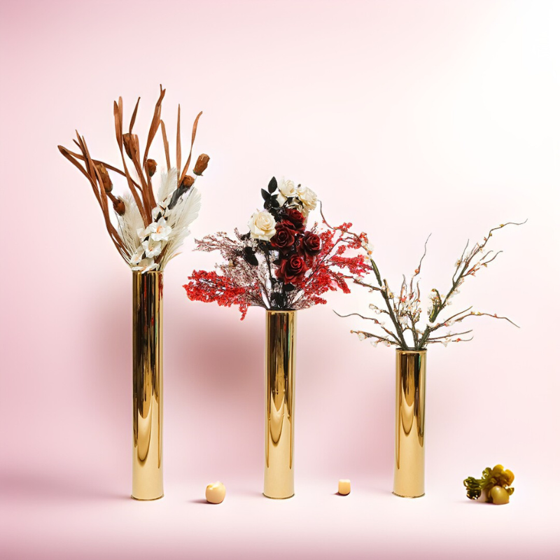 Oro Column Floor Vase Trio: set of three tall gold stainless steel floor vases