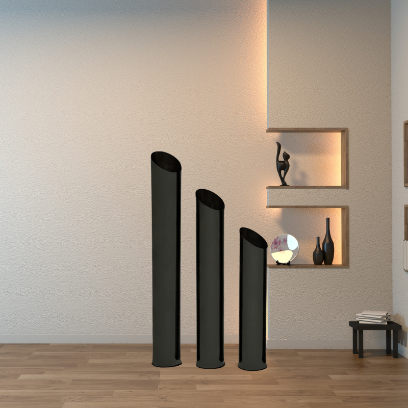 Noir Fluted Floor Vase Trio: set of three black fluted stainless steel floor vases