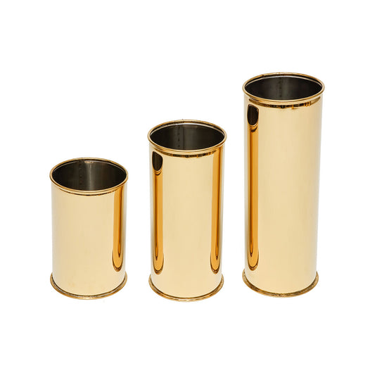 Three gold stainless steel cylinder vases in 8, 11 and 14 inch heights