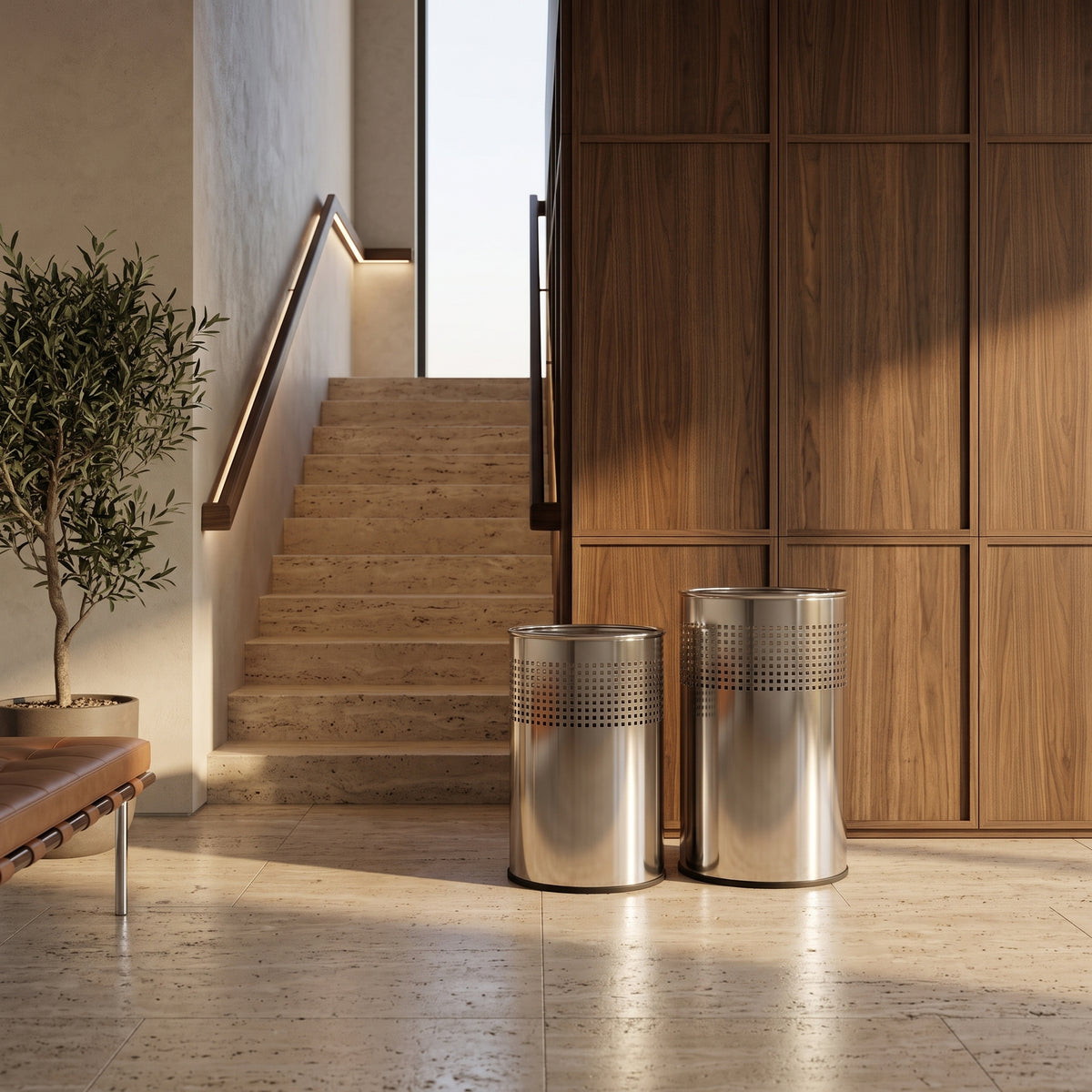 Argent Studio Bin Duo: two silver stainless steel bins with perforated bands at a staircase entrance