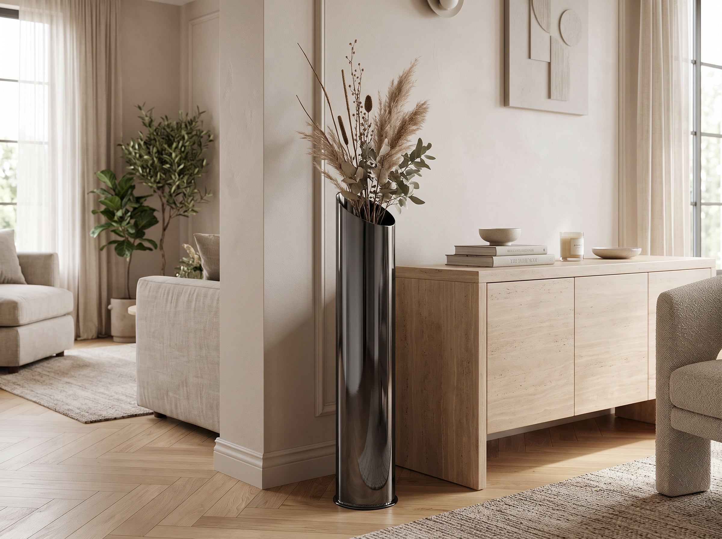 Large Noir Slant Floor Vase with pampas grass beside a wooden sideboard