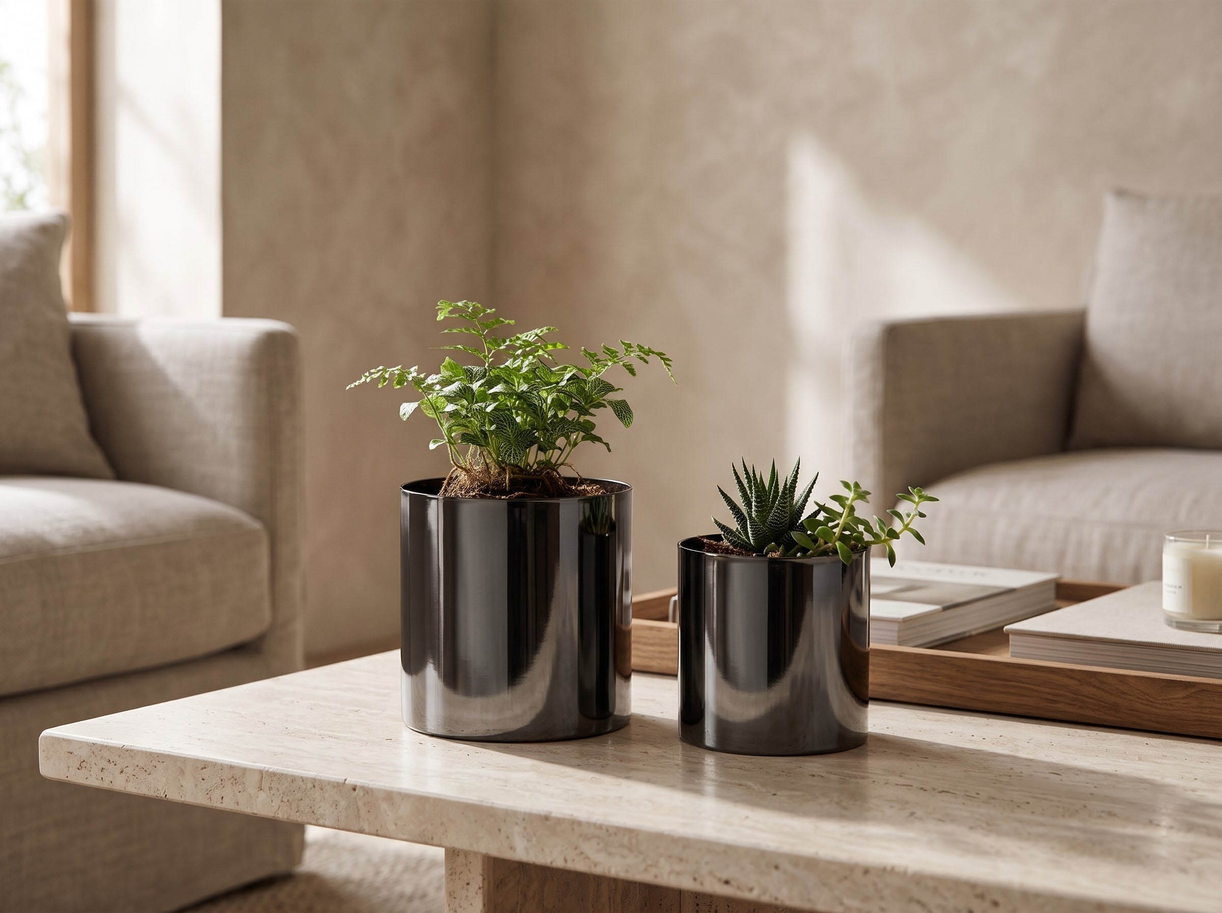 Noir Planter Duo with a fern and a succulent on a coffee table
