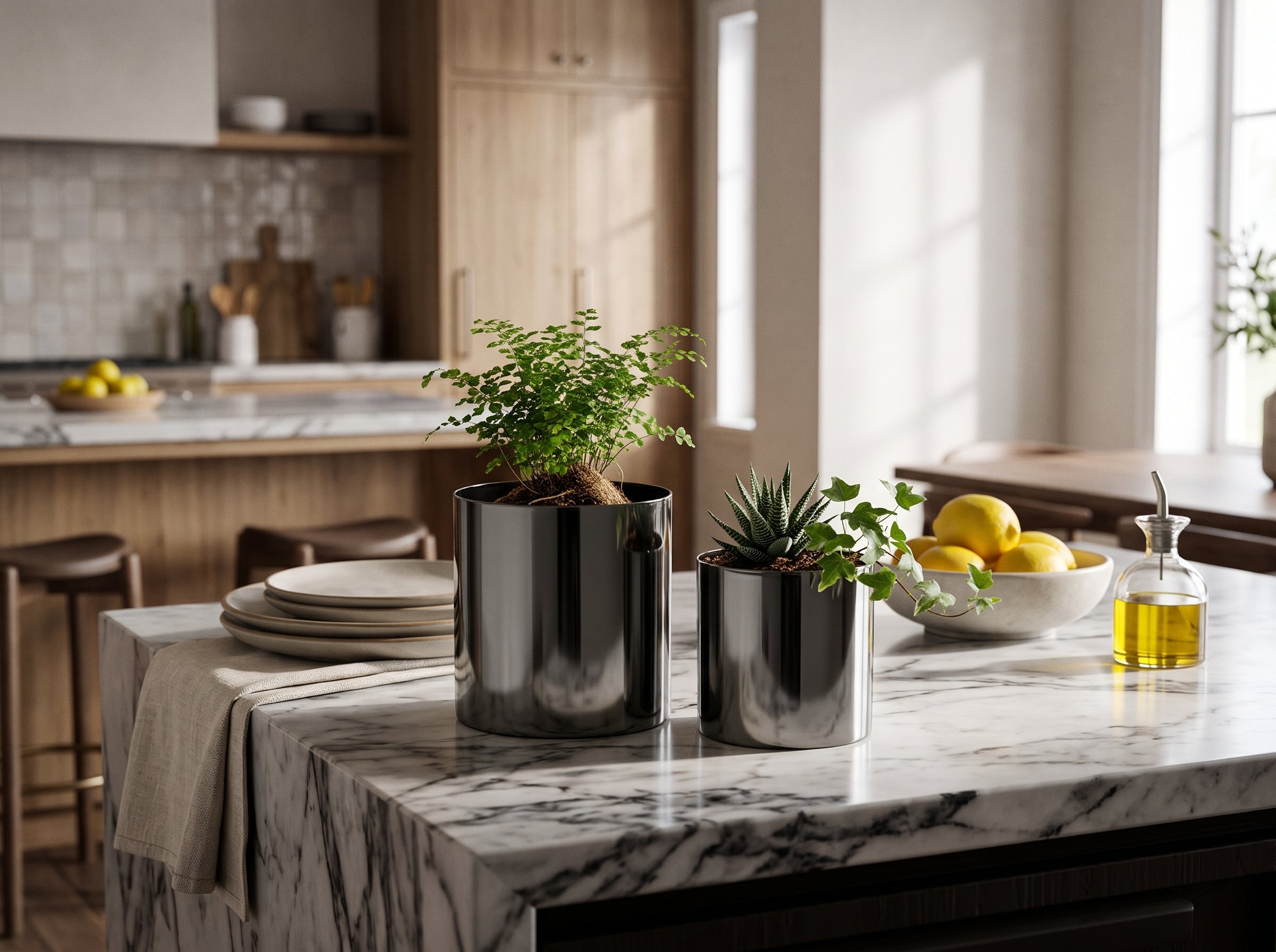 Noir Planter Duo with a fern and a succulent on a marble kitchen counter
