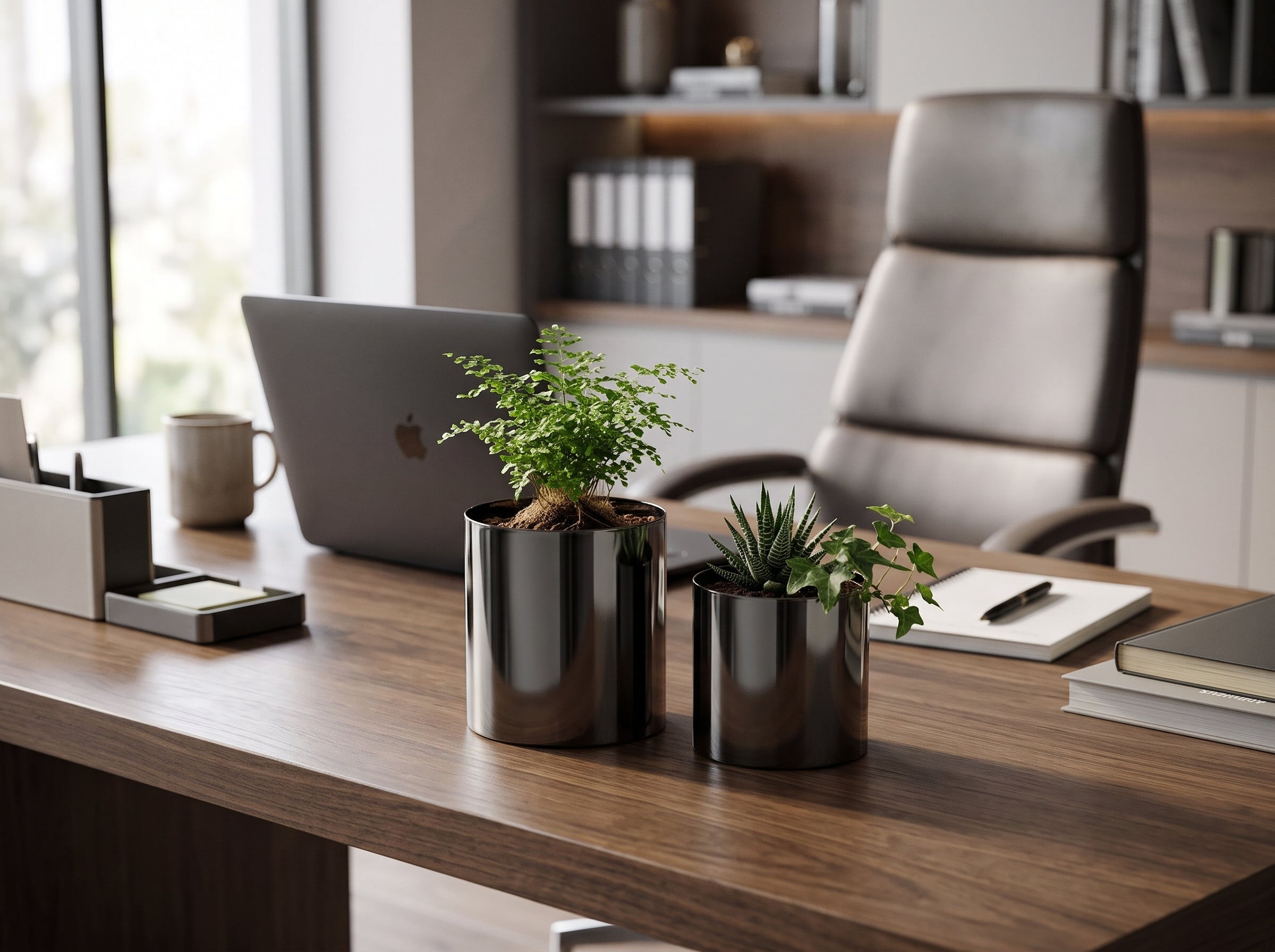 Noir Planter Duo with a fern and a succulent on an office desk