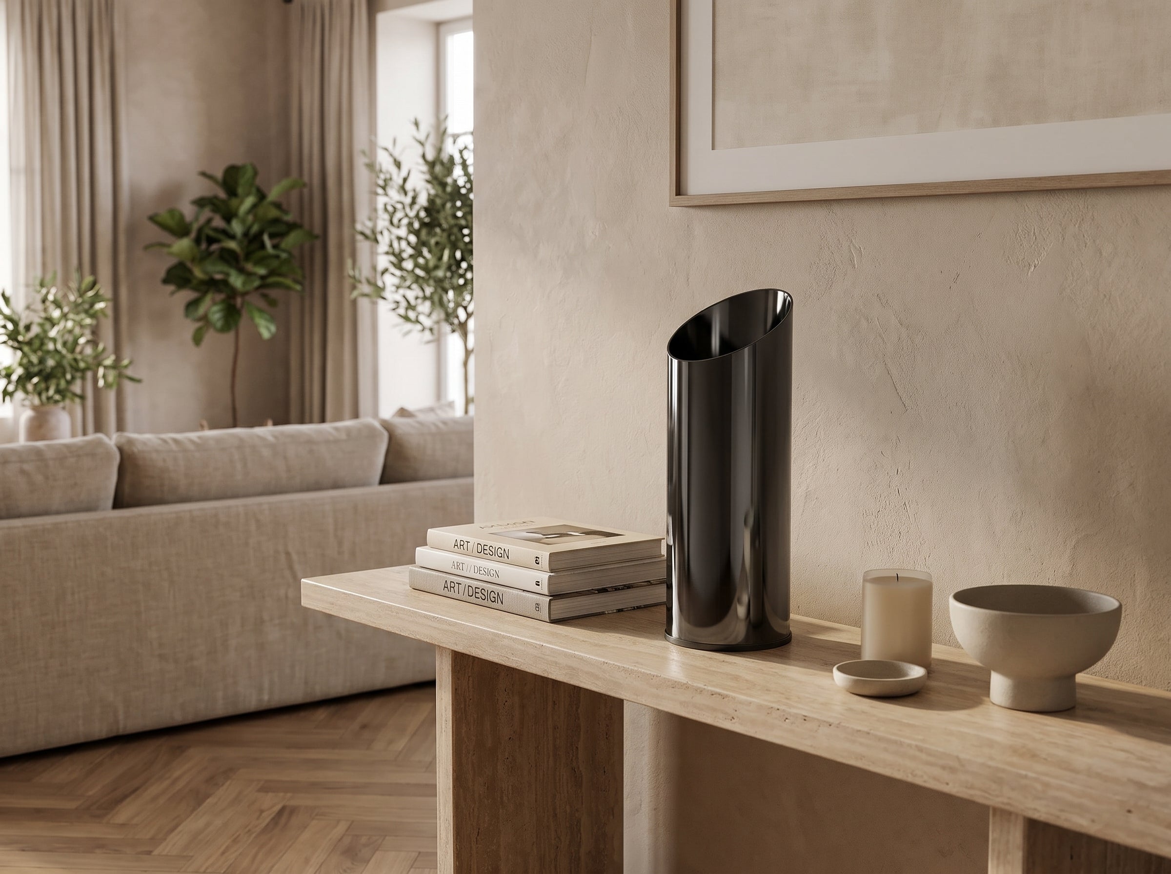 Medium Noir Slant Vase on a console table in a beige living room