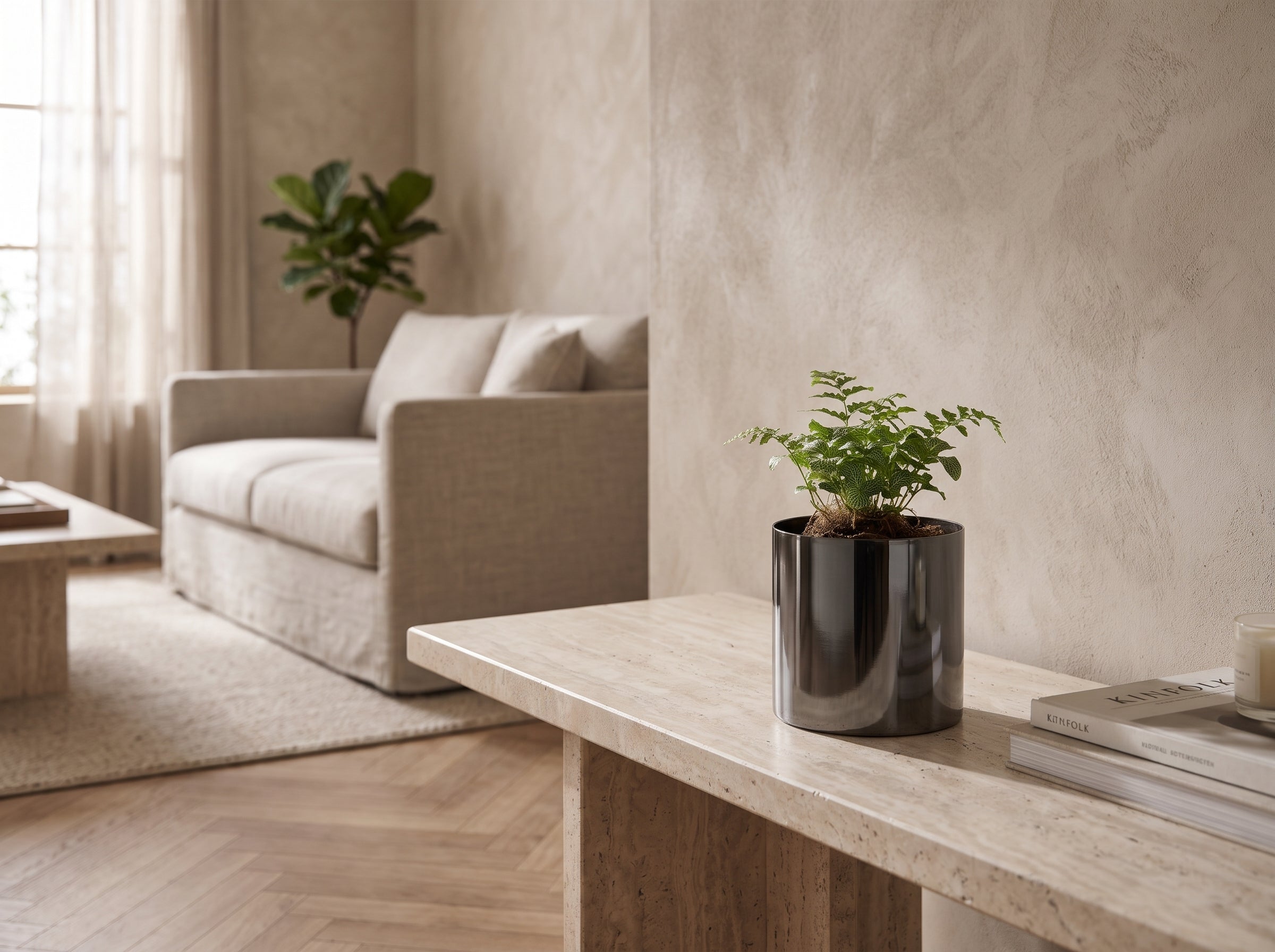 Noir Tabletop Planter with a fern on a stone console table in a living room
