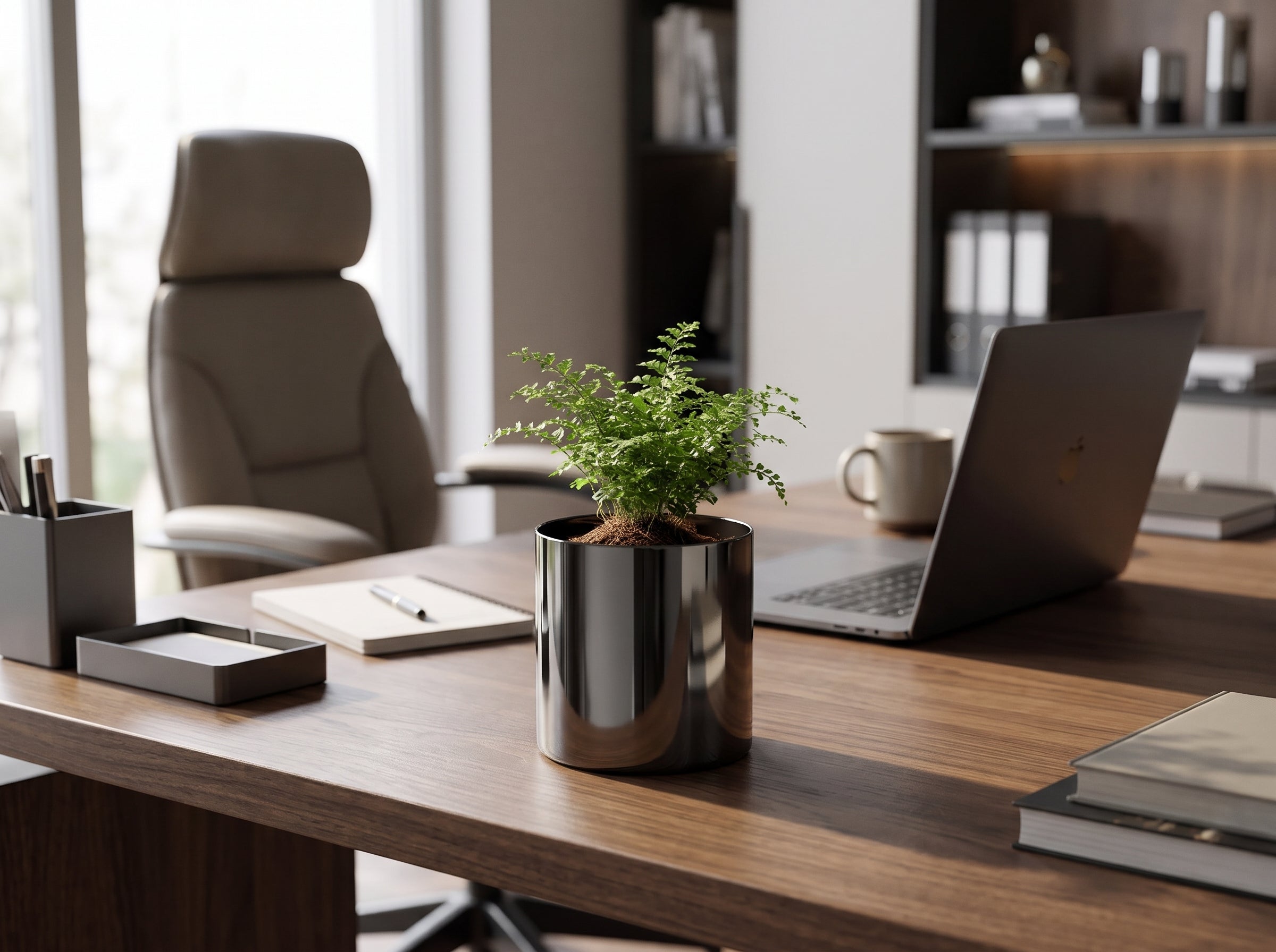 Noir Tabletop Planter with a green fern on an office desk beside a laptop