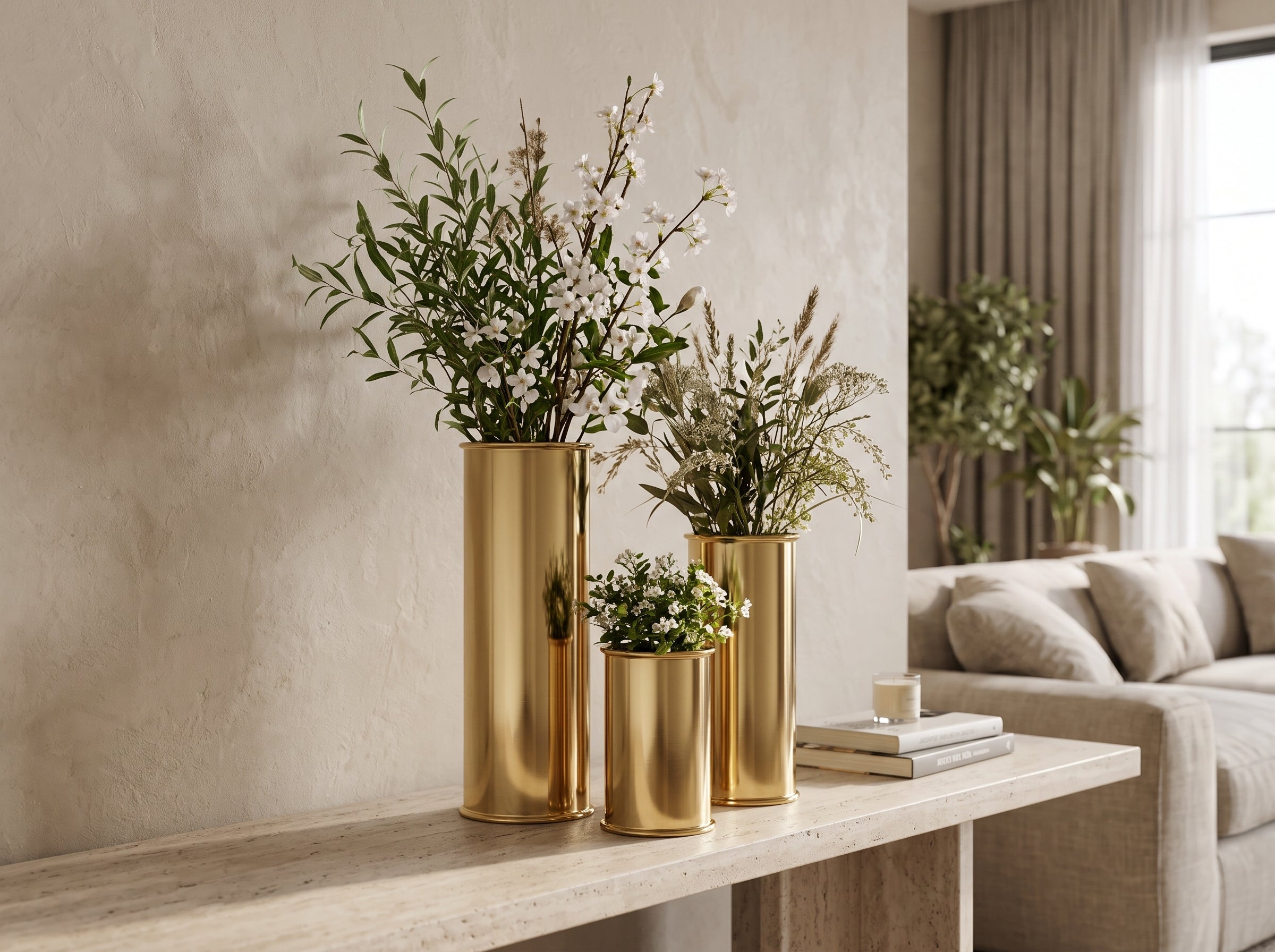 Oro Cylinder Vase Trio with fresh greenery and stems on a console table
