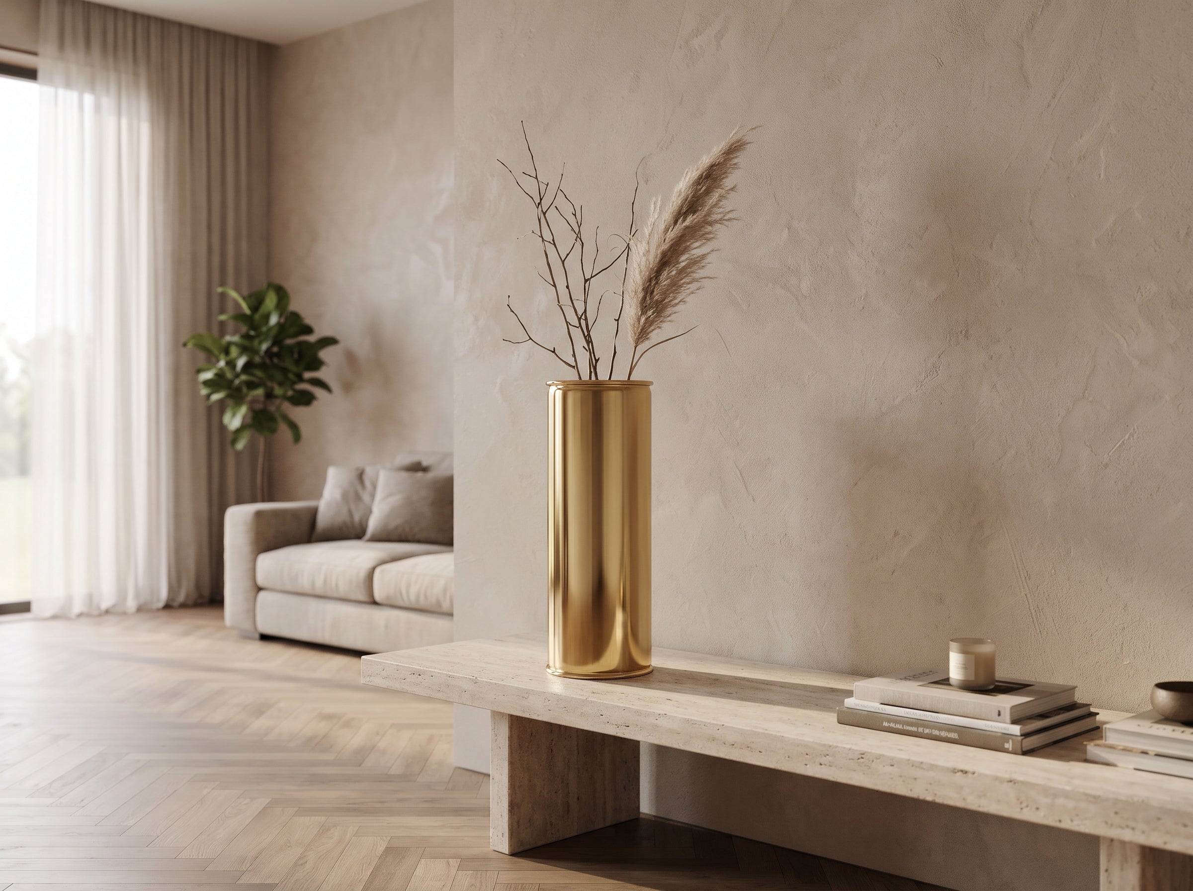 Oro Cylinder Vase with pampas and dried branches on a stone bench