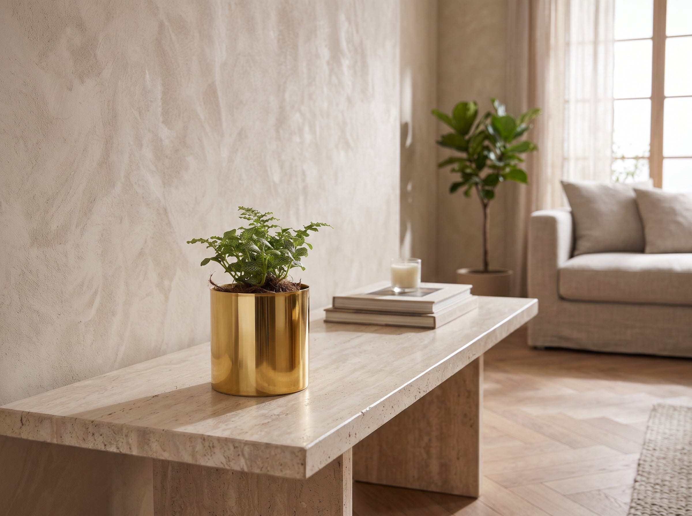 Oro Tabletop Planter with a green fern on a stone console table
